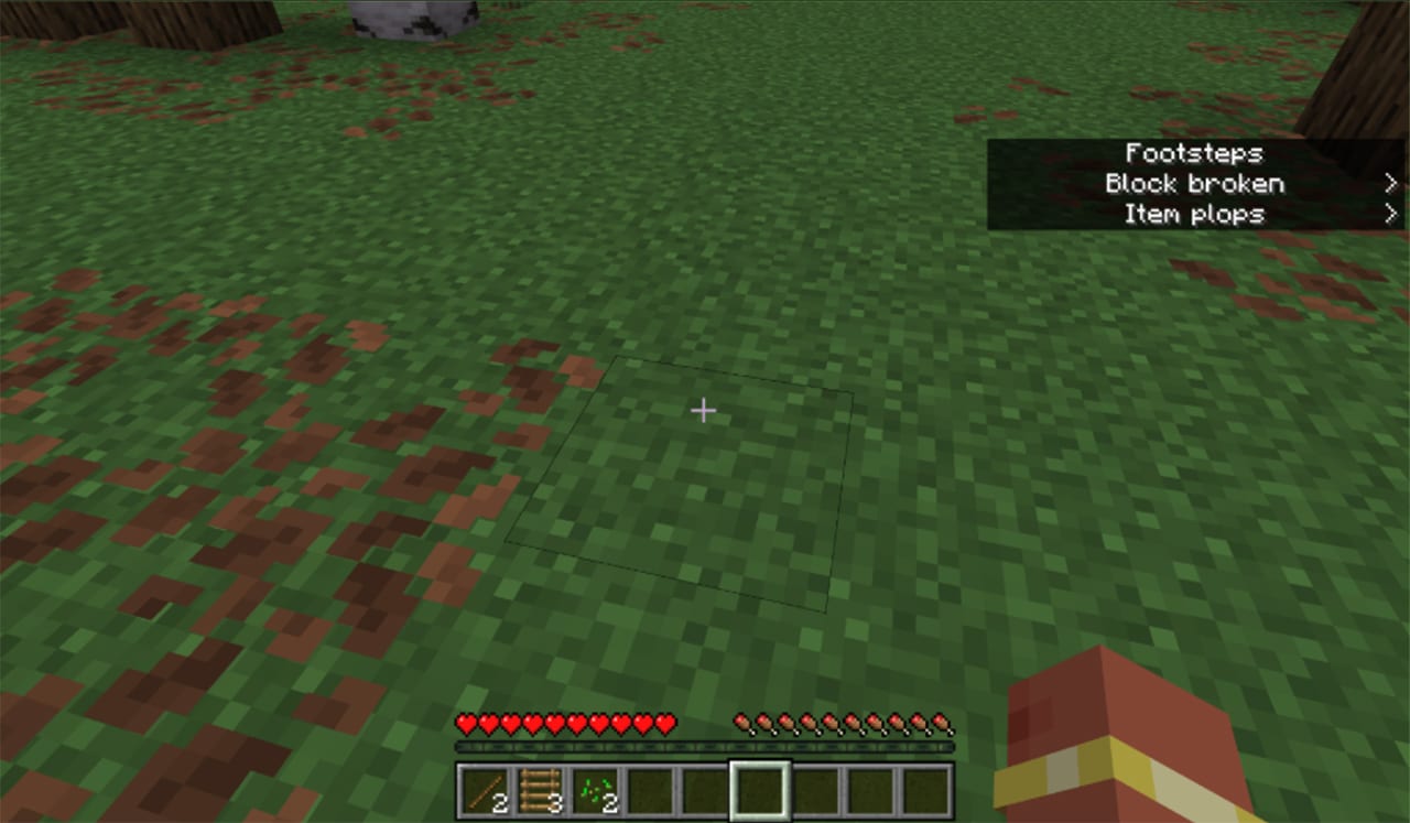 First-person Minecraft gameplay view with closed captions enabled, displaying sound indicators such as “Footsteps,” “Block broken,” and “Item plops” in the top-right corner of the screen.