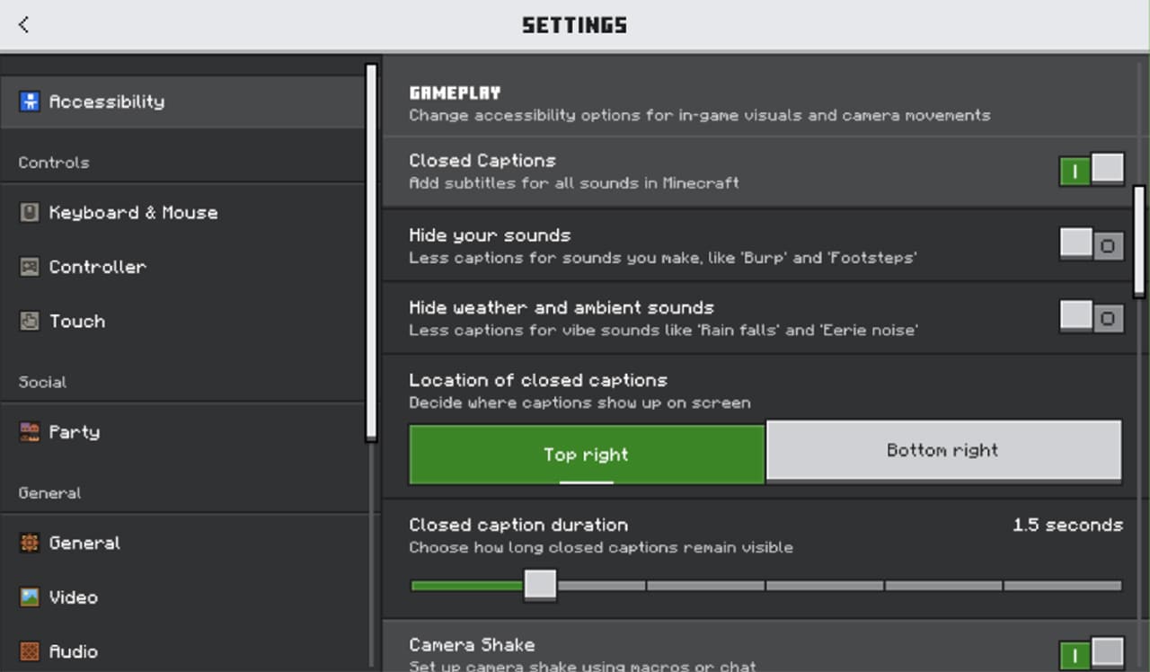 Minecraft Bedrock Edition Accessibility Settings menu showing Closed Captions options, including caption visibility, screen position, duration, and sound filtering settings.