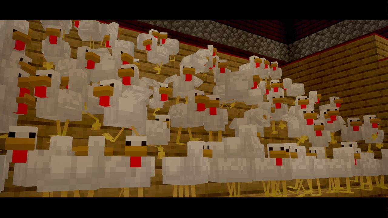 Dozens of Minecraft chickens crowded together on wooden tiered platforms inside a dimly lit structure