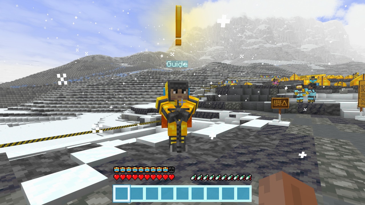 Expedition guide standing at base camp with an exclamation marker above his head and tents behind him