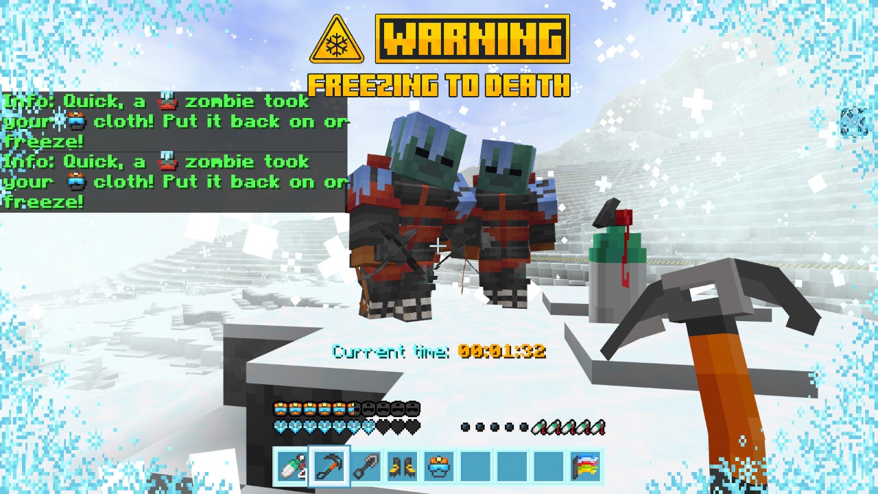 Freezing blizzard encounter with hostile mobs as a warning message shows freezing to death on screen