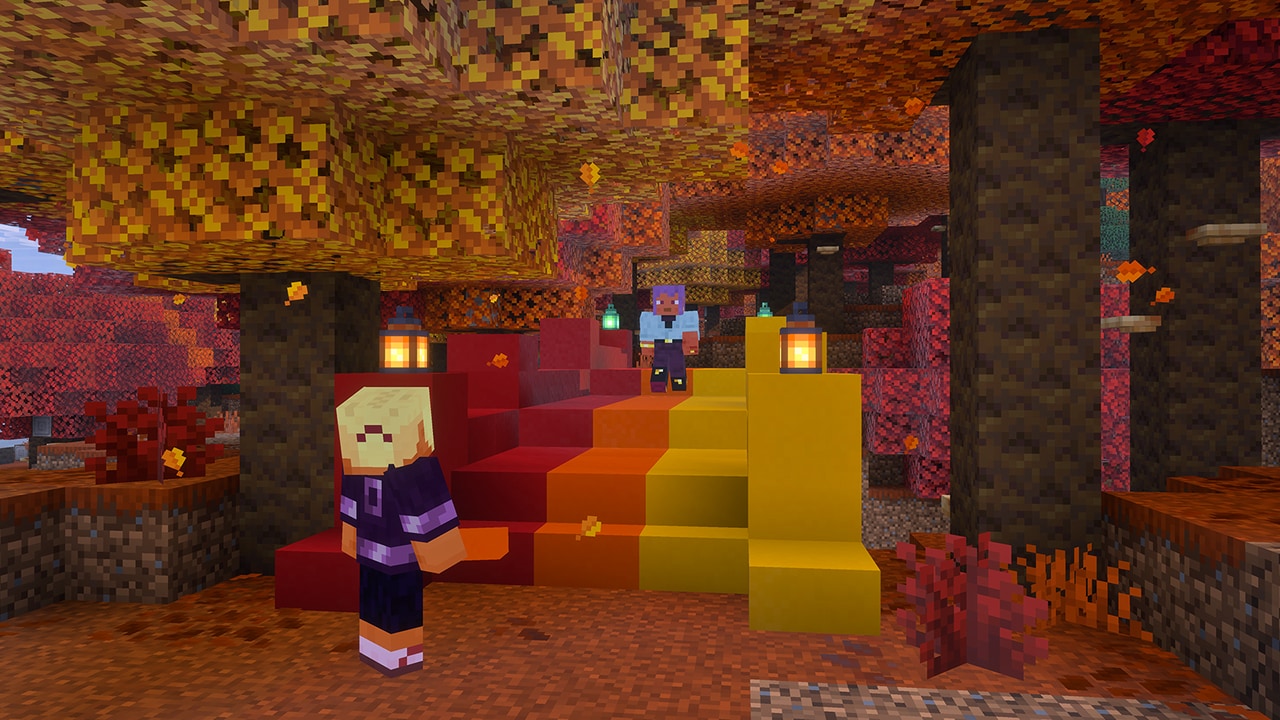 Two adventurers cross a concrete bridge in the dappled forest, with 3 stripes of color running along its length: yellow, orange, and crimson.