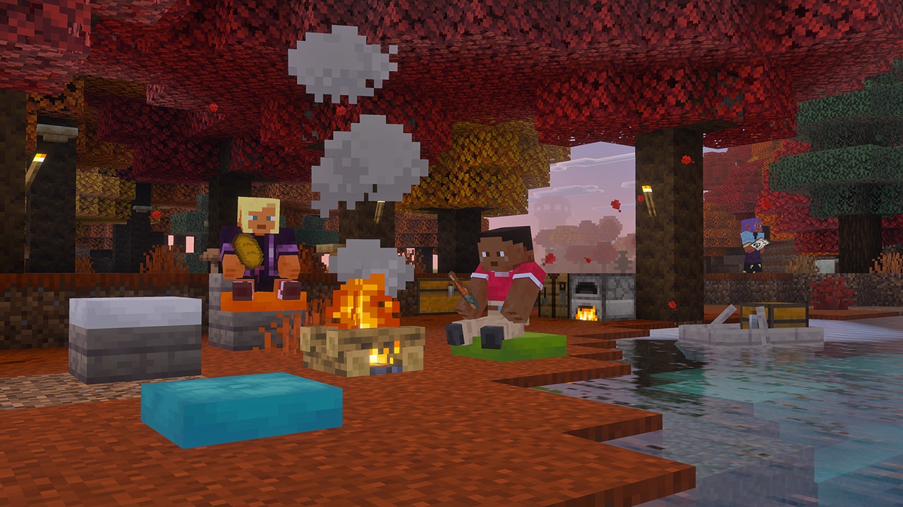 Two adventurers sit on cushions around a campfire by a river in the dappled forest. Another adventurer stands at a distance with a map.