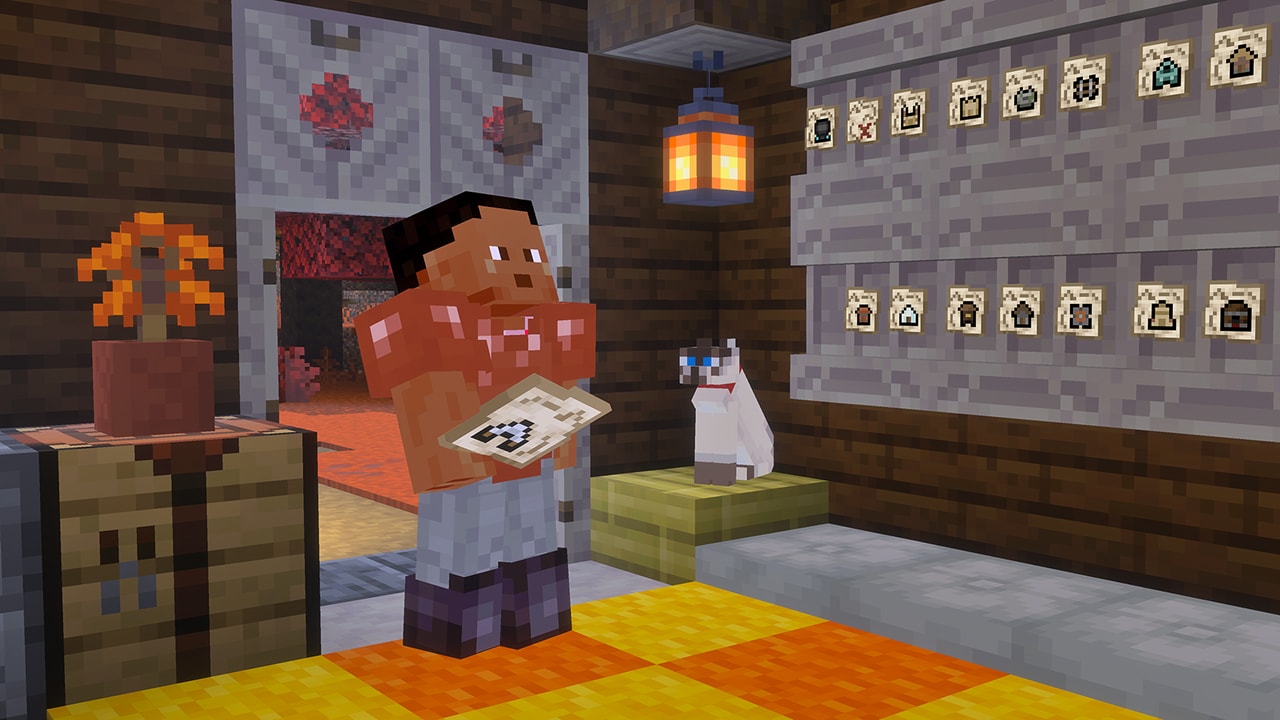 A player enters their house while holding a map. Many other maps are mounted on the wall. A pet cat sits in the corner.