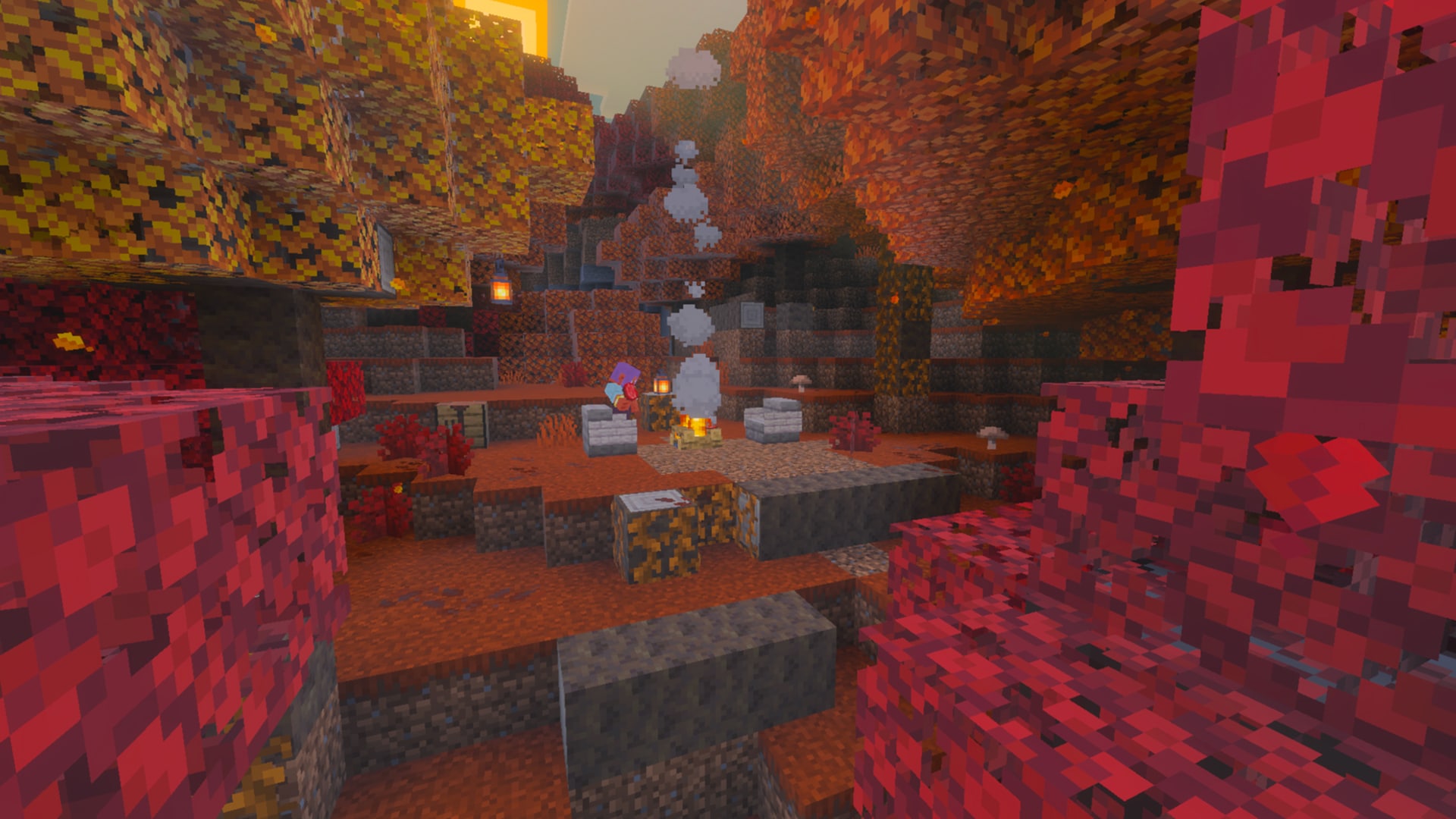 An adventurer holds a piece of beef while standing next to a campfire in a forest. The trees have yellow, orange, and crimson colored leaves.