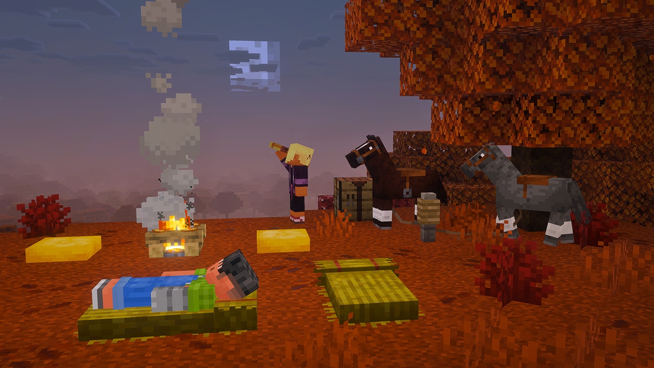 Two adventurers camp out in the dappled forest, with straw beds and cushions placed next to a campfire. Two horses are tied to a post.