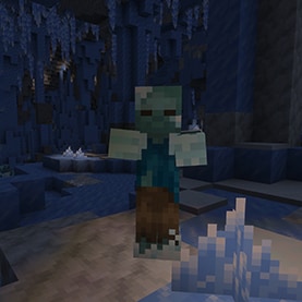 Frozen zombie approaches through a dark Minecraft ice cave filled with icicles and crystal clusters.