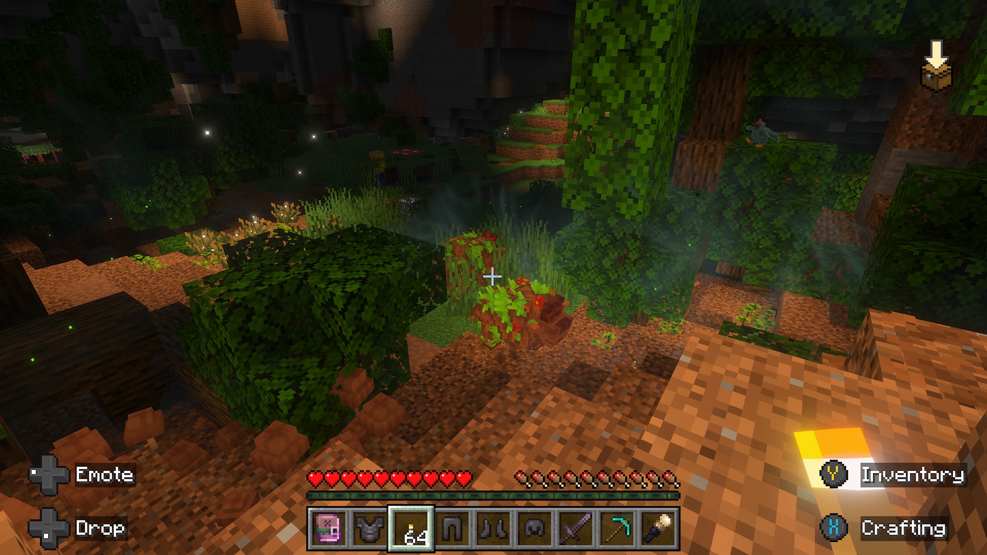 Minecraft player explores a lush underground cave filled with dense vegetation, glowing particles, and unusual creatures.