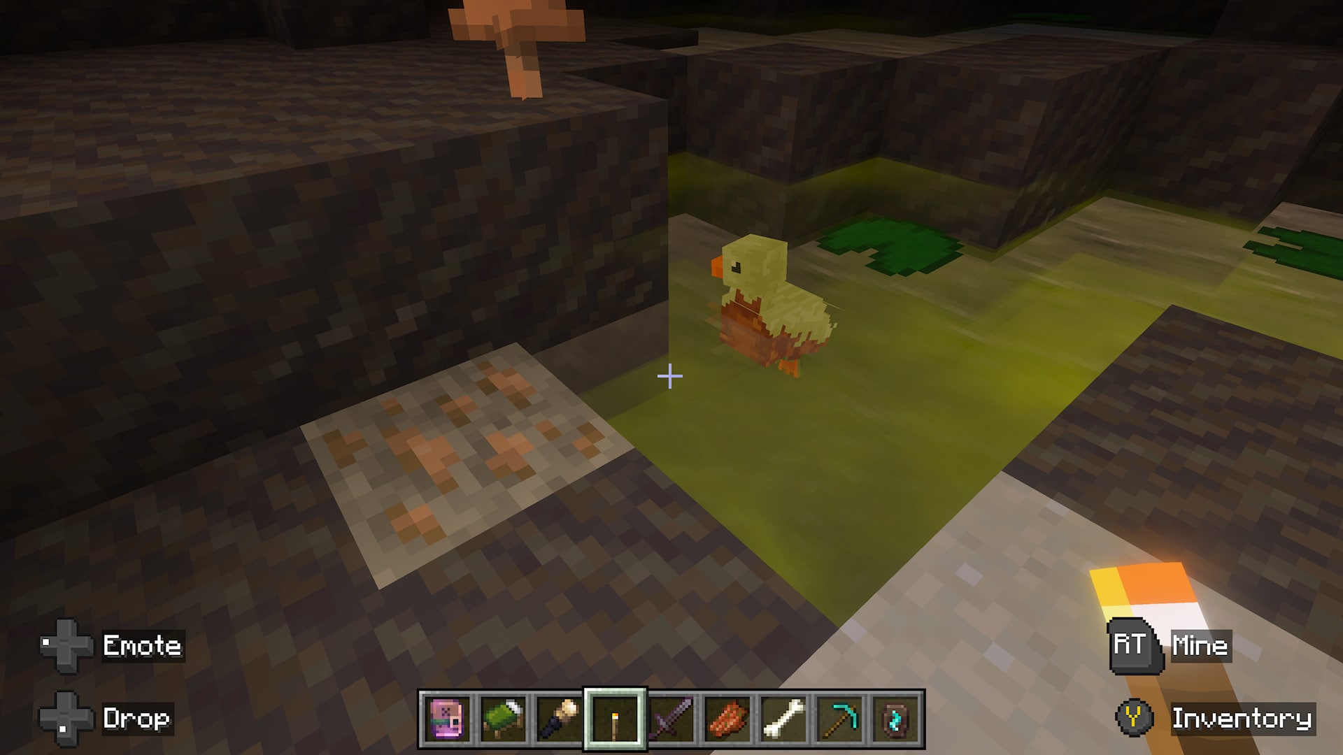Minecraft player observes a small yellow-and-brown duck-like creature standing in shallow green cave water beside lily pads.