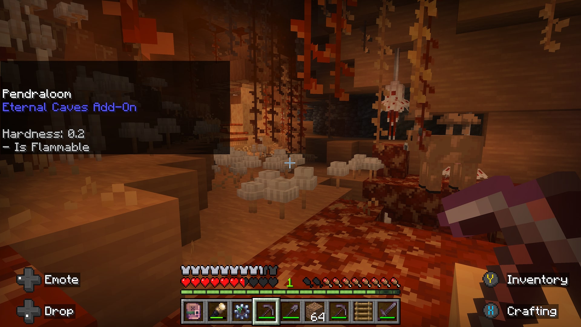 Minecraft Eternal Caves Add-On interface identifies Pendraloom plants among mushrooms, hanging vines, and creatures in an orange-lit cavern.