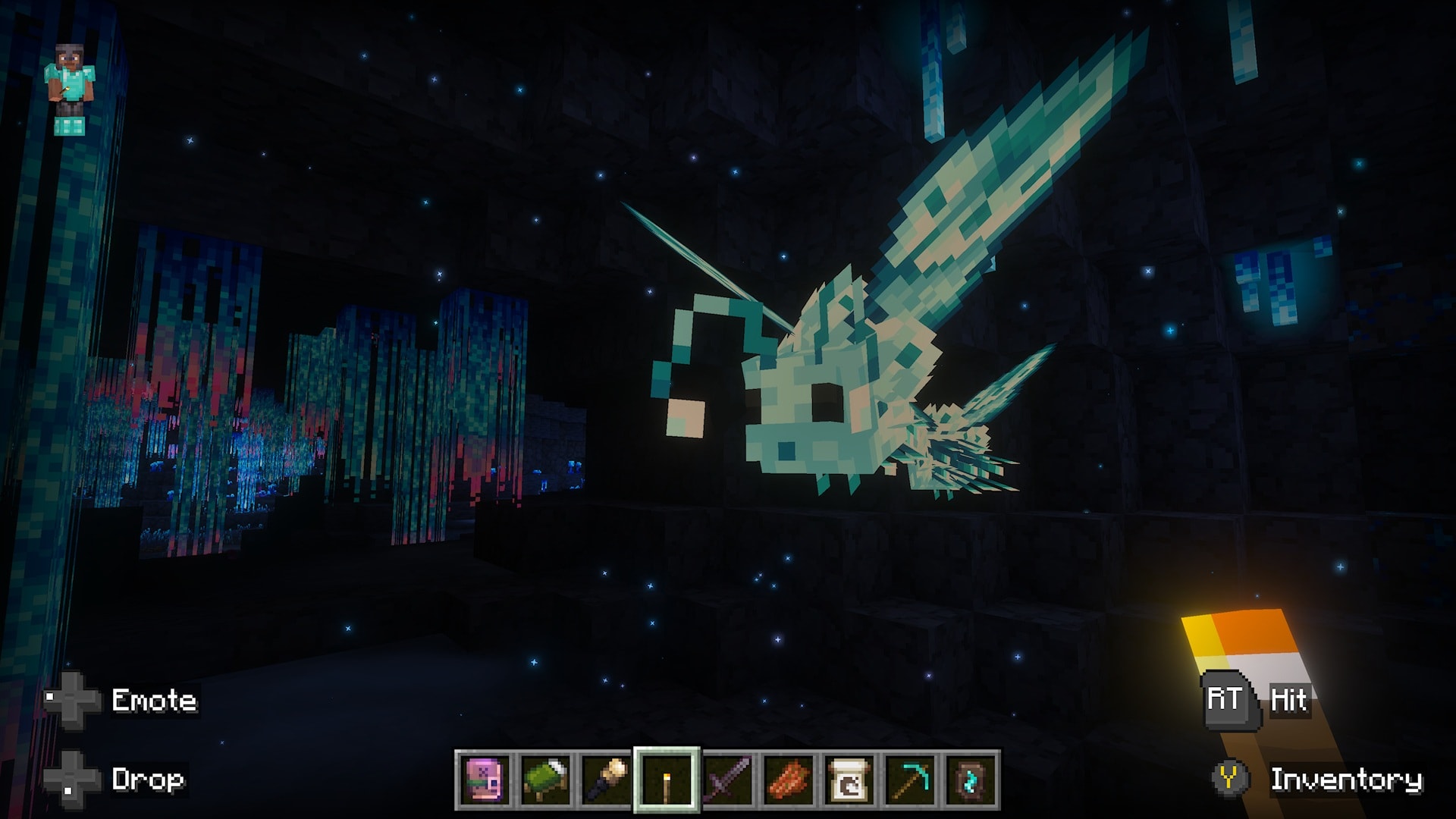Minecraft player encounters a large pale-blue flying creature with translucent wings inside a glowing underground cavern.