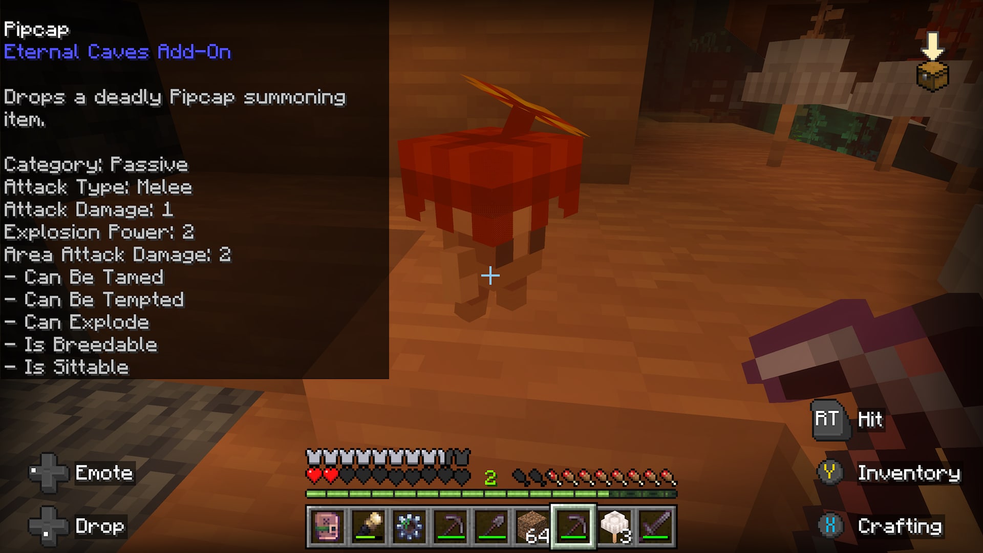 Minecraft Eternal Caves Add-On interface displays information about a red Pipcap creature inside an orange-lit mushroom cave.