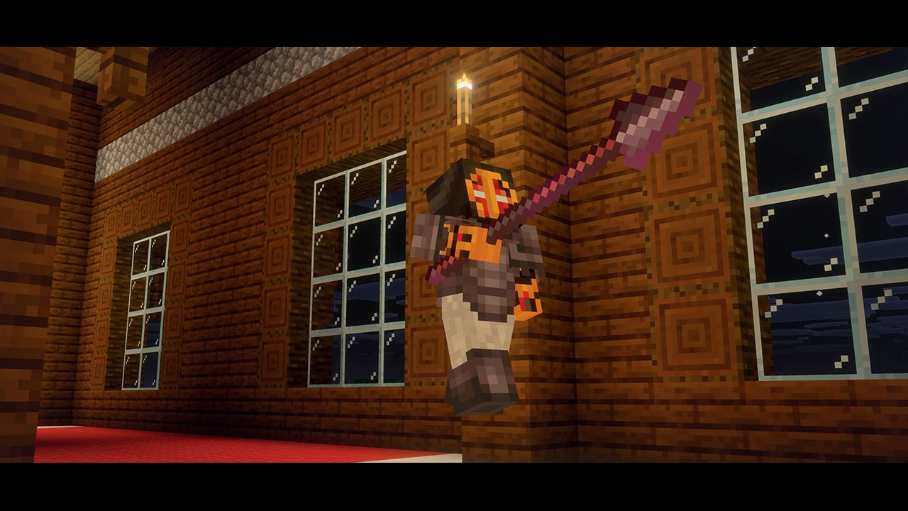 Minecraft character in dark armor lunging forward inside a wooden hall while holding a large purple spear