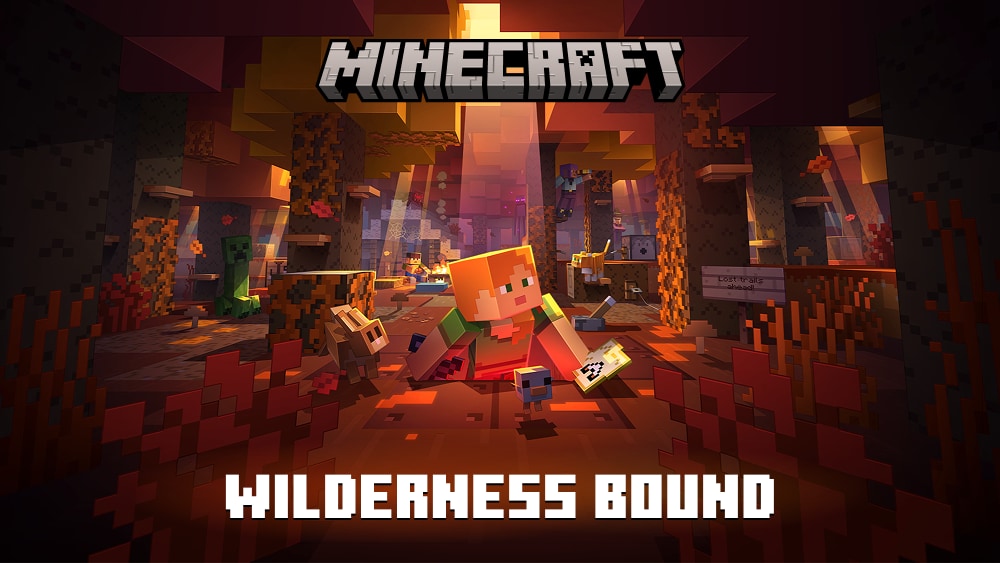 Alex pops up from a hole in an amber-hued forest holding a sword and a map. A sign says: Lost trails ahead! Large text reads: Minecraft Wilderness Bound.