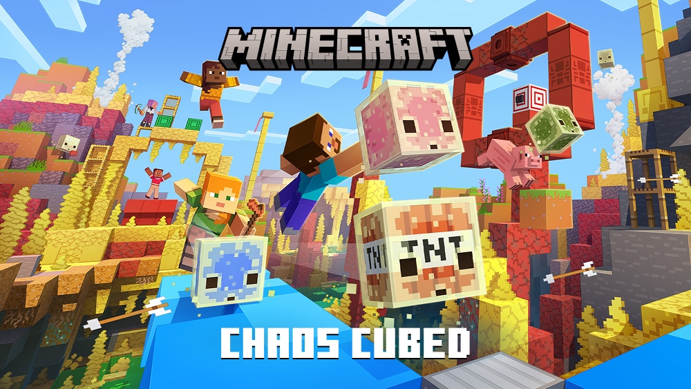 Minecraft characters run across colorful sulfur blocks as sulfur cubes containing blocks like ice, lava, and TNT bounce through the scene. Text reads: Minecraft Chaos Cubed.