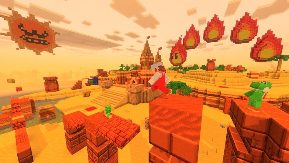 A Minecraft landscape resembling a 3D Super Mario desert level features an Angry Sun, a Fire Snake, columns and castles, and players dressed as Fire Mario, Yoshi, and a Koopa Troopa.