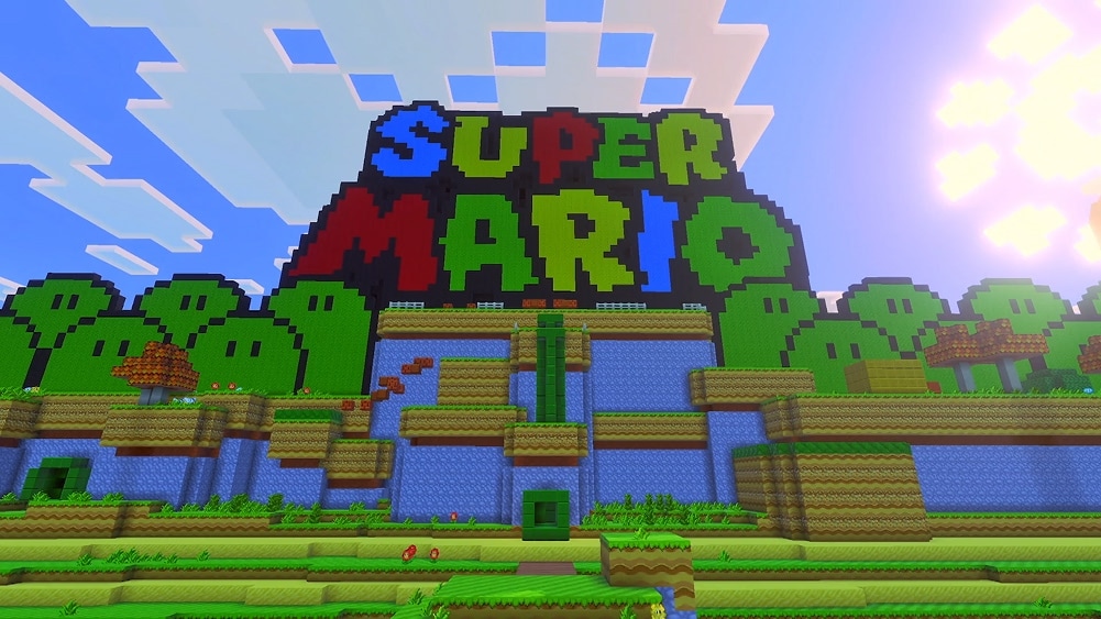 A Minecraft landscape designed to resemble a two-dimensional Super Mario game, with colorful block letters above it, spelling: SUPER MARIO.