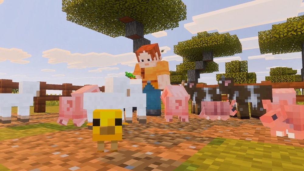 In a fenced pen, a Minecraft character holds out a carrot to a group of tiny animals, including pigs, sheep, armadillos, cows, and a chicken.