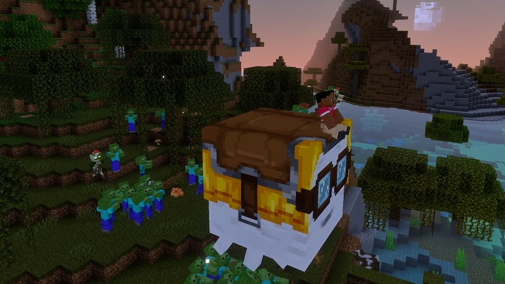 At dusk, a Minecraft character rides a saddled happy ghast above a horde of zombies.