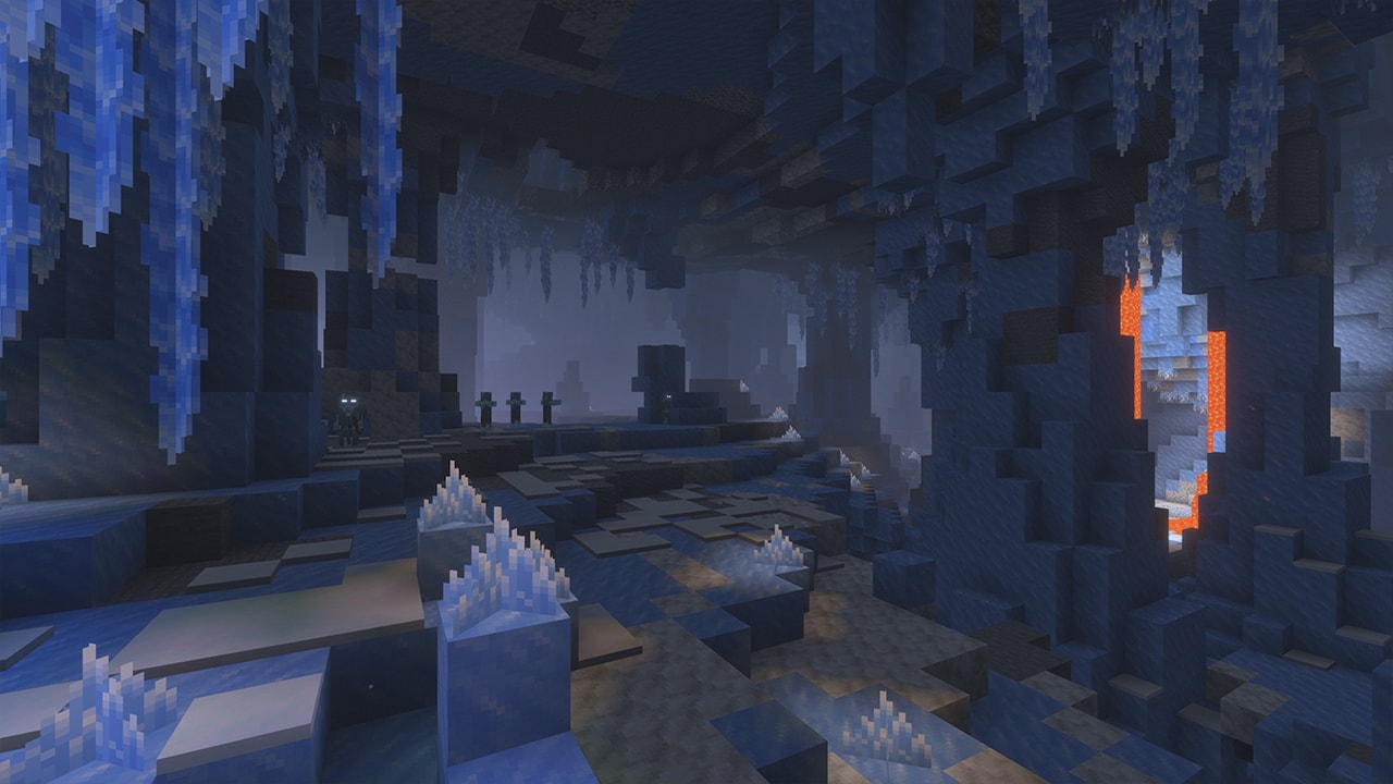 Dark Minecraft ice cave with hanging icicles, frozen terrain, distant mobs, and a lava-lit opening.