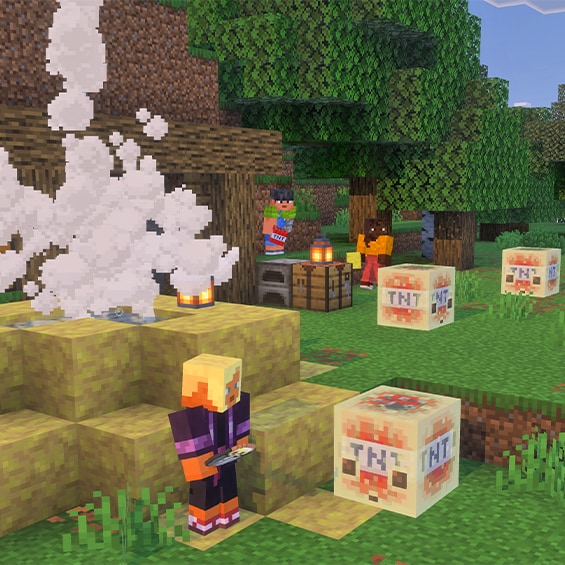 Three player characters and three sulfur cubes that have absorbed TNT blocks.