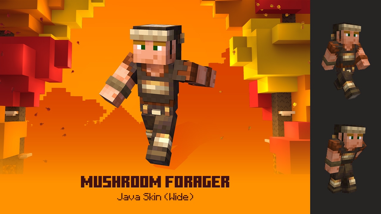 Minecraft character wearing a brown mushroom-foraging outfit with a cap, backpack, and utility belt.
