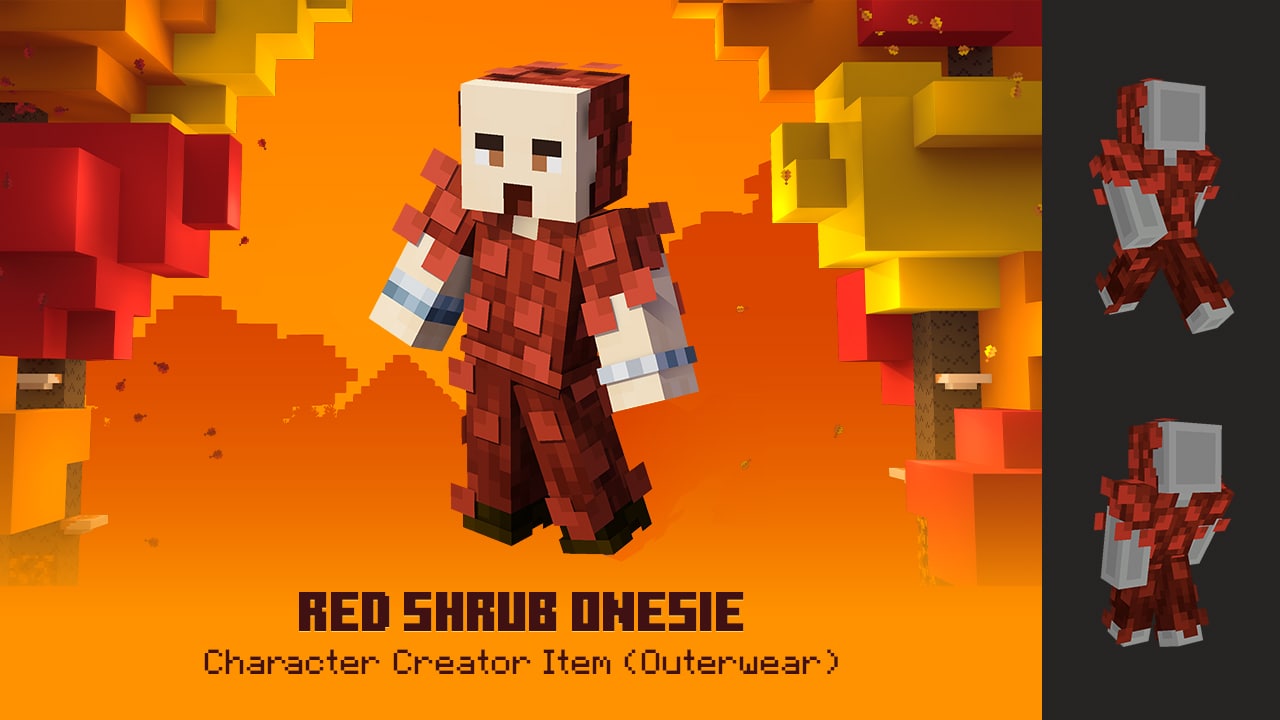 Minecraft character wearing a red, leaf-covered shrub onesie with a pale mask-like face.