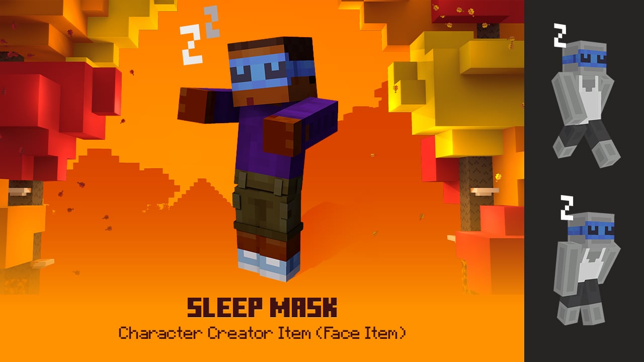 Sleepy Minecraft character wearing a blue sleep mask, with floating “Z” symbols above their head.