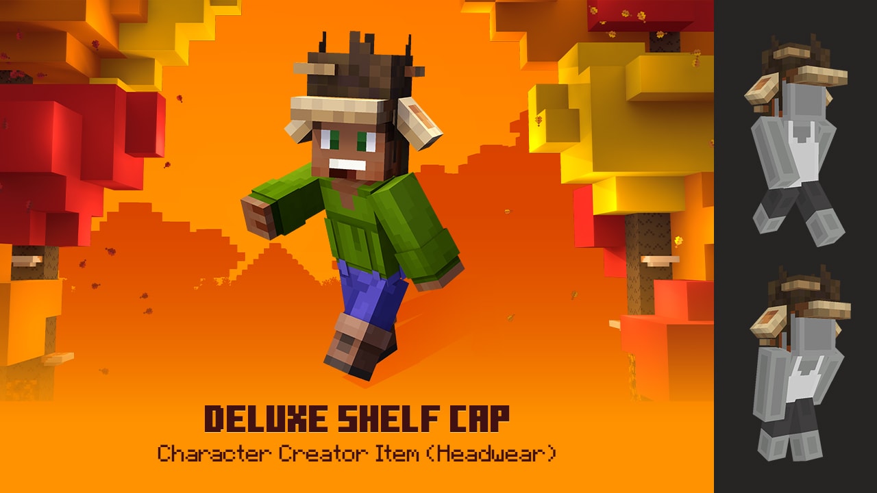 Minecraft character wearing a miniature shelf filled with objects as a hat.