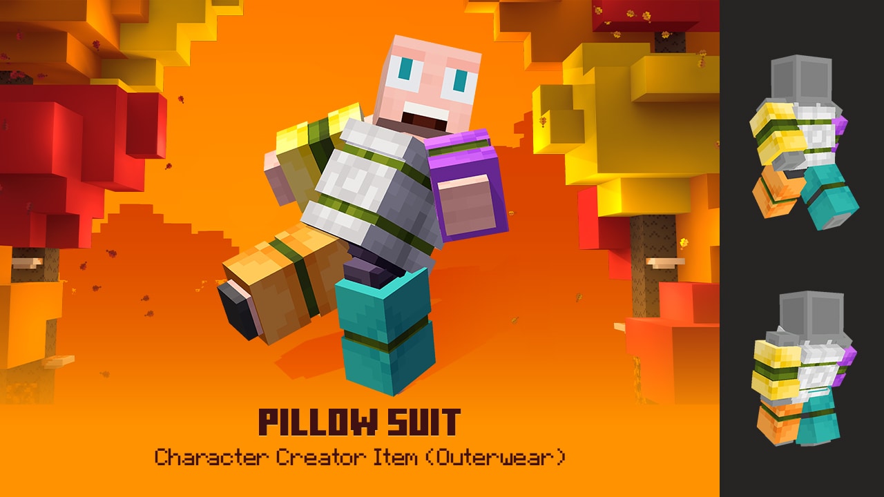 Minecraft character wearing a colorful suit made of stacked pillows, displayed against a bright autumn background.