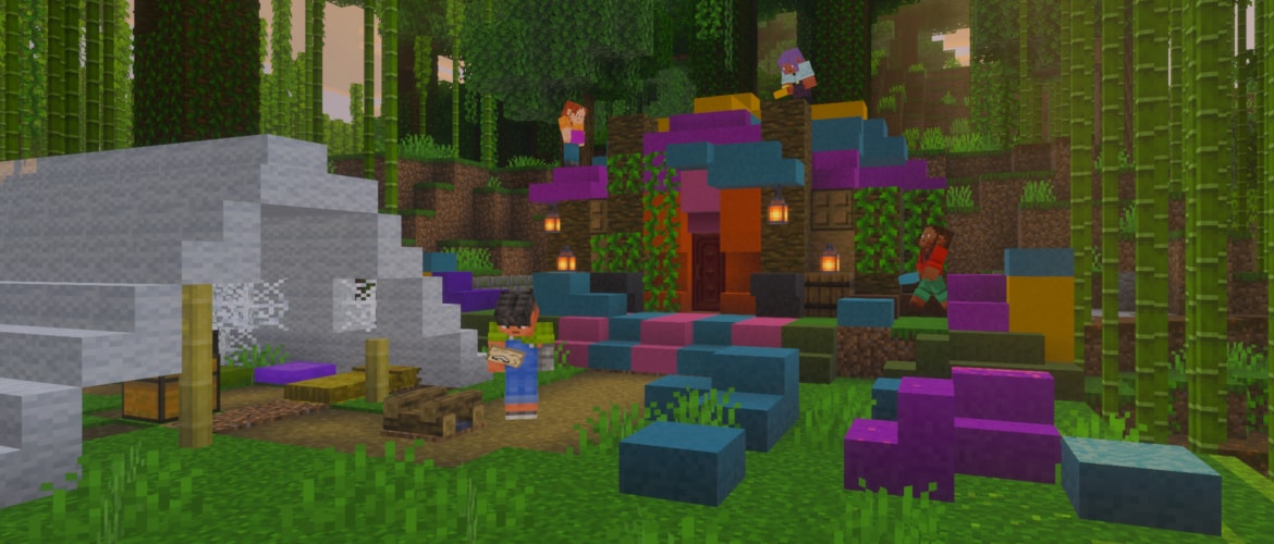 A colorful house and white tent sit among towering bamboo in a Minecraft jungle, with players exploring and lanterns lighting the camp.