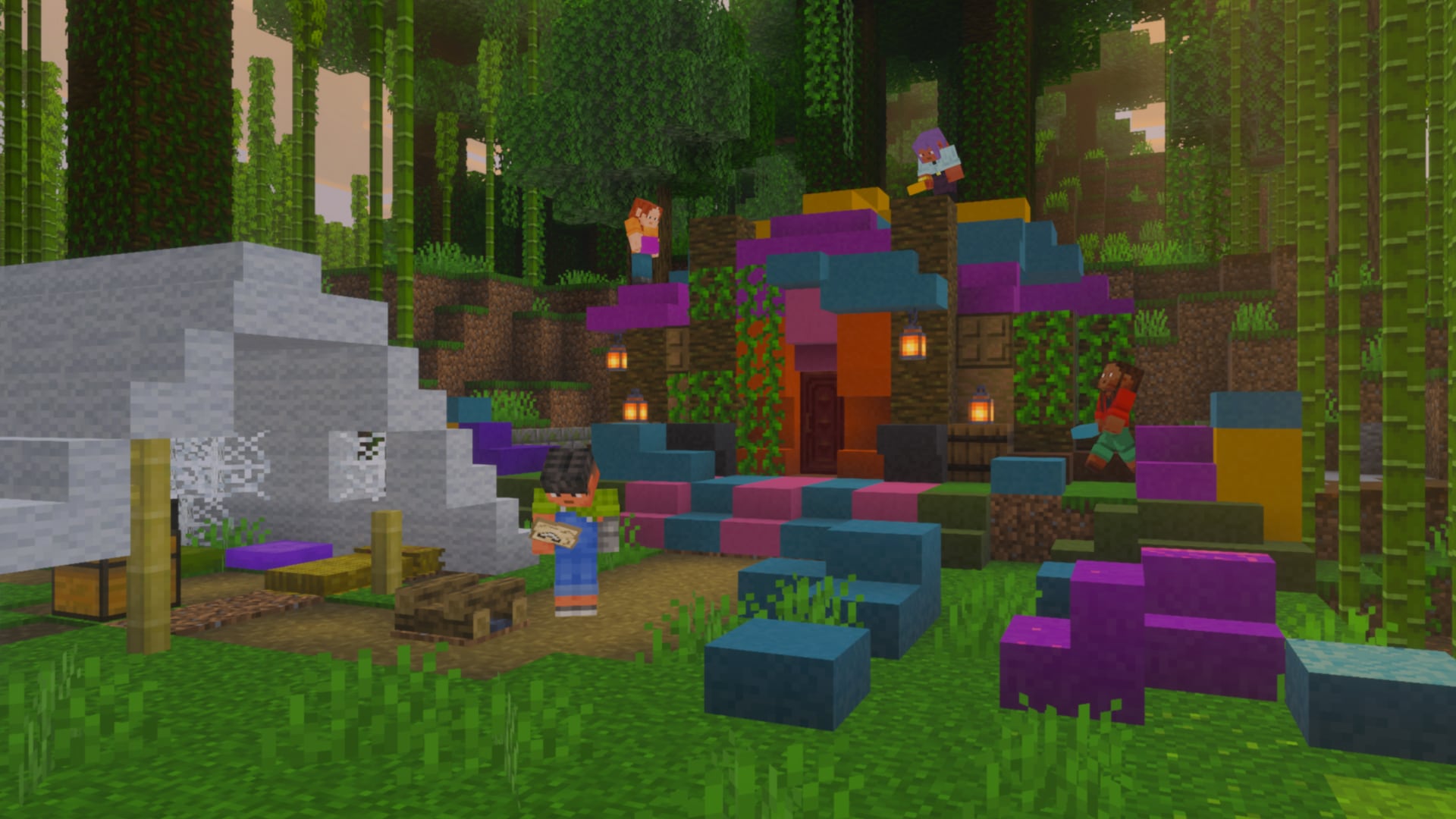 Wide view of a Minecraft jungle camp with a colorful house, white tent, bamboo forest, hanging lanterns, and several players nearby.