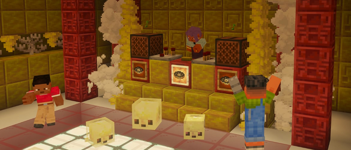 Minecraft-themed dance party with a DJ at a music booth while players dance among floating cube creatures inside a colorful hall.