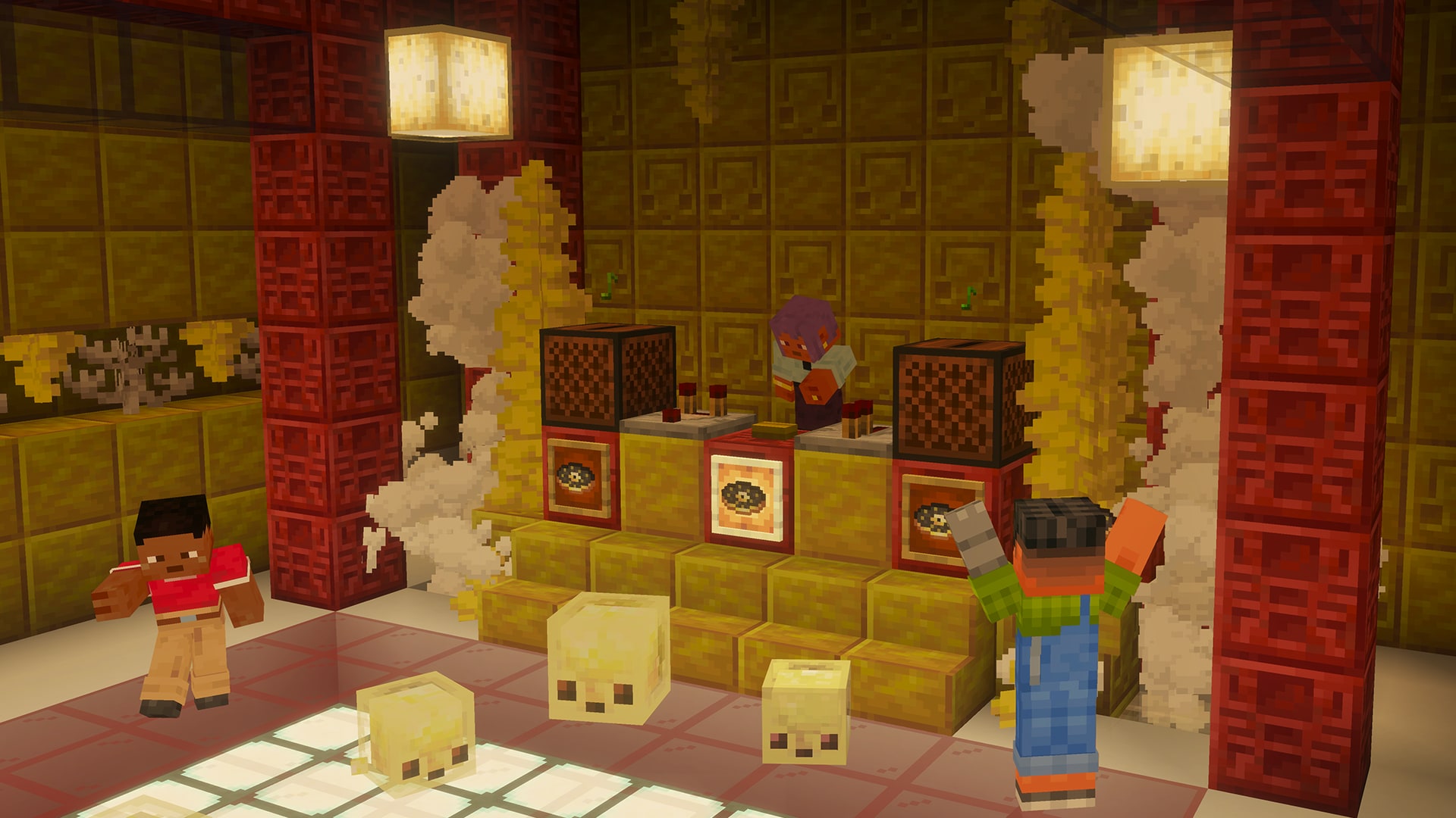 Minecraft-themed dance party with a DJ at a music booth while players dance among floating sulfur cubes inside a colorful hall.