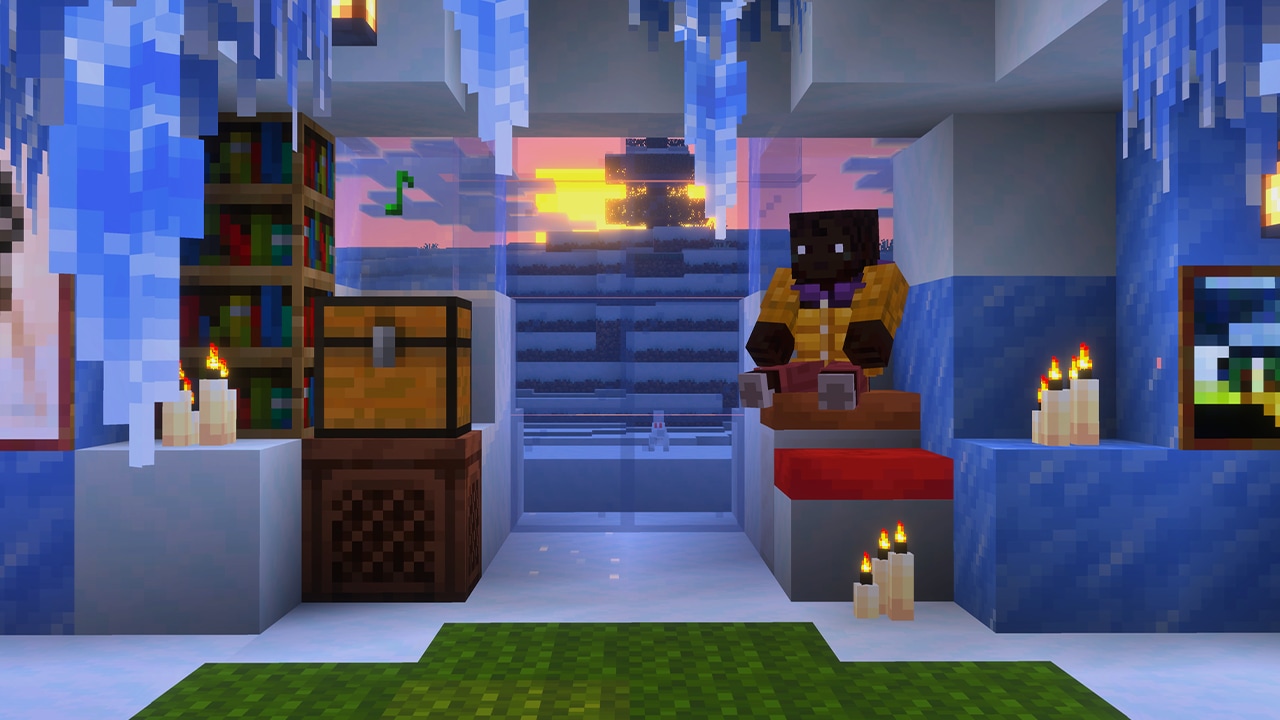 A cozy ice cave room with a bookshelf, a chest sitting on top of a jukebox, candles and a character relaxing, with a music note icon floating overhead