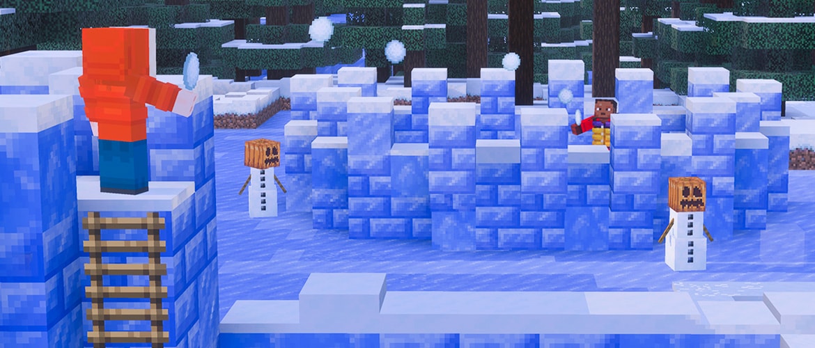An Icy Minecraft scene featuring players throwing snow balls from a structure made with packed ice bricks