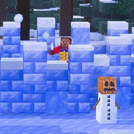 An Icy Minecraft scene featuring players throwing snow balls from a structure made with packed ice bricks