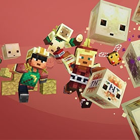 An image of players wearing the Brawler, Rancher and Builder jerseys and getting ready to cause chaos in Minecraft