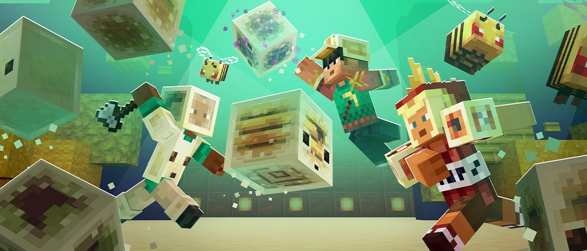 Three players in Minecraft racing to collect sulphur blocks while several bees hover around them