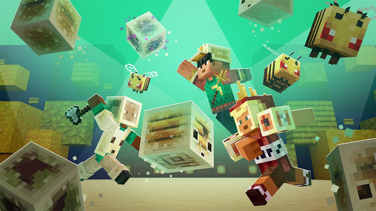 Three Minecraft players race towards a sulphur cube, surrounded by bees