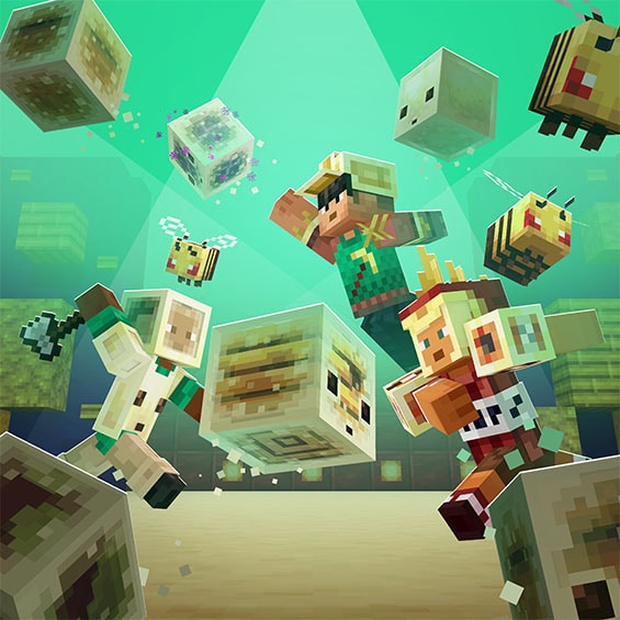 Three players in Minecraft racing to collect sulphur blocks while several bees hover around them