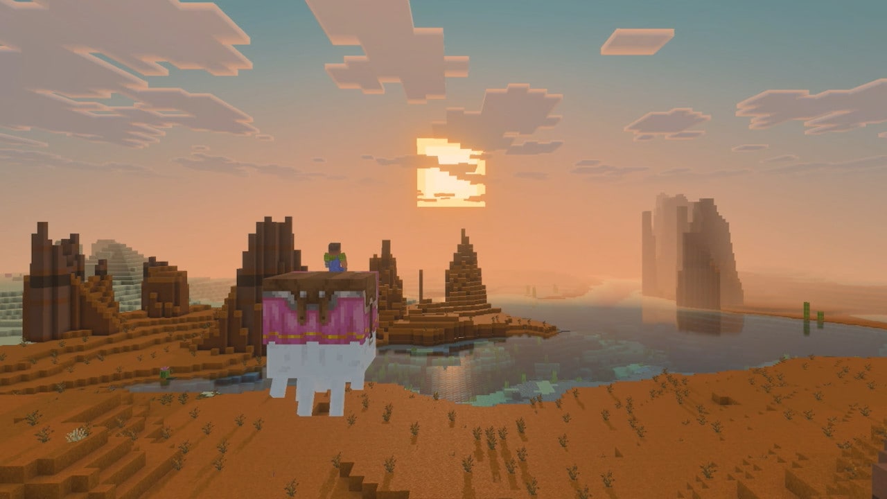 A happy ghast flying across the Overworld