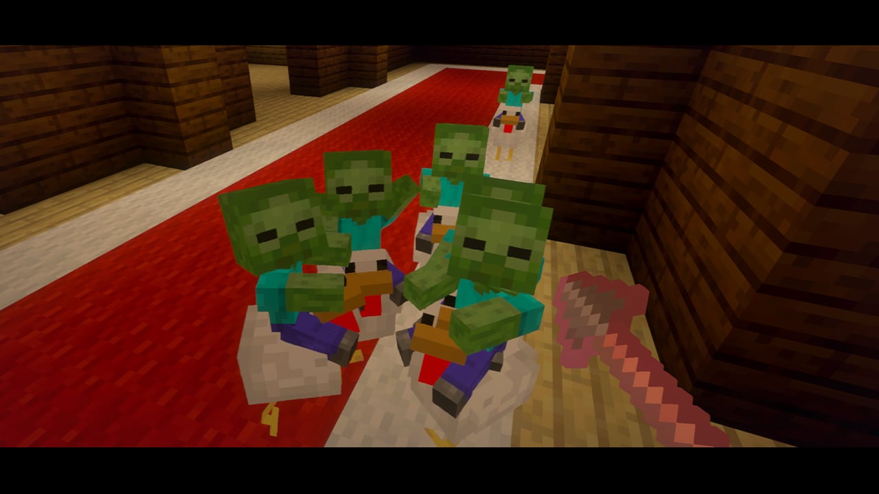 Several baby zombies riding chickens on a red carpet inside a wooden hall, with a purple spear visible in the foreground