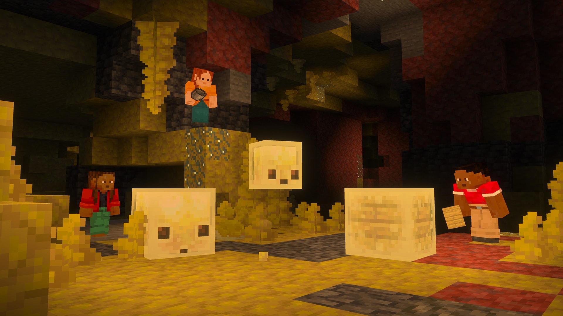 Three players exploring a dark sulfur cave encounter three glowing sulfur cube mobs. One player offers a block to a sulfur cube.