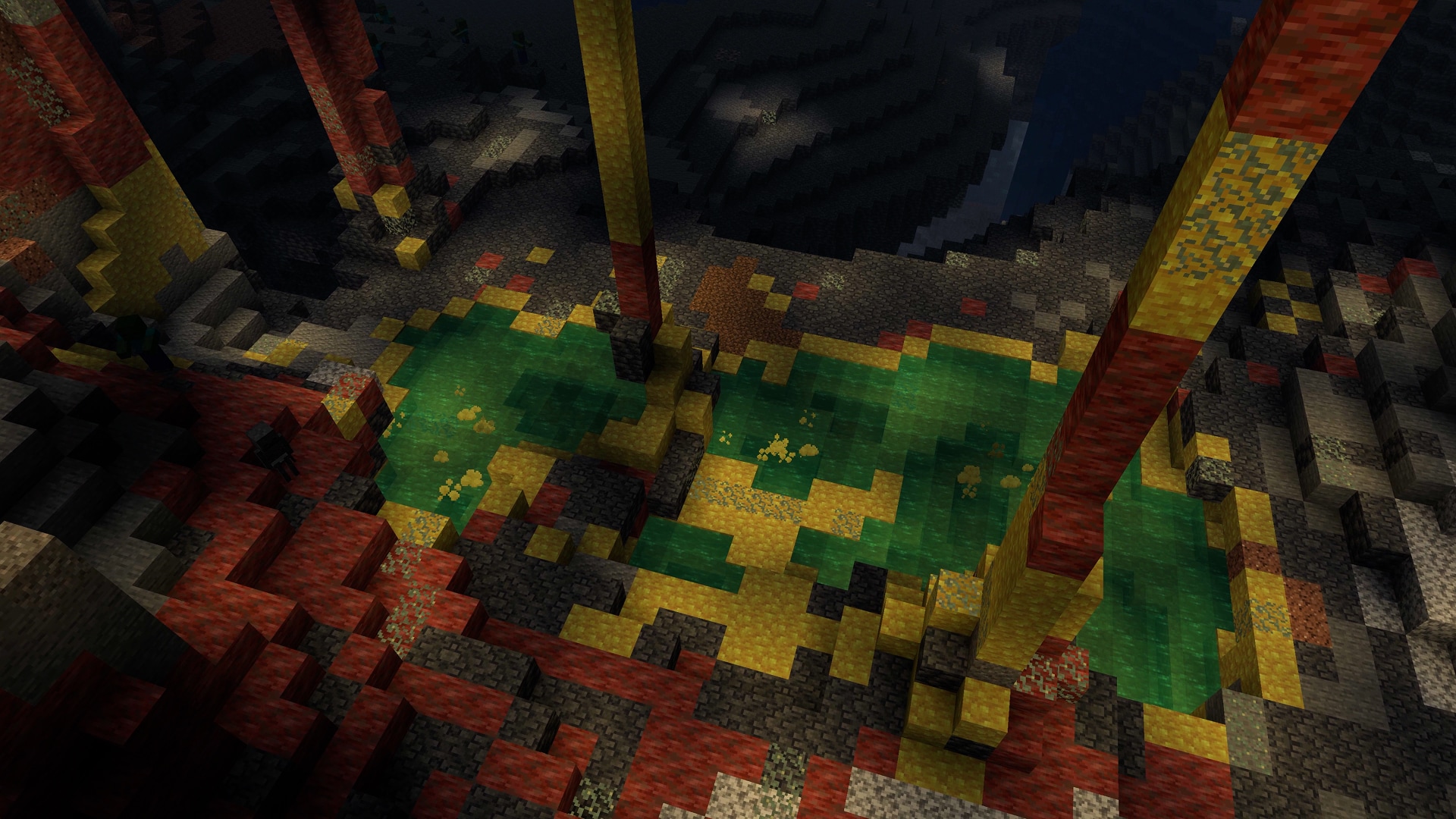 Bright green sulfur pools are bubbling at the bottom of a large sulfur cave.