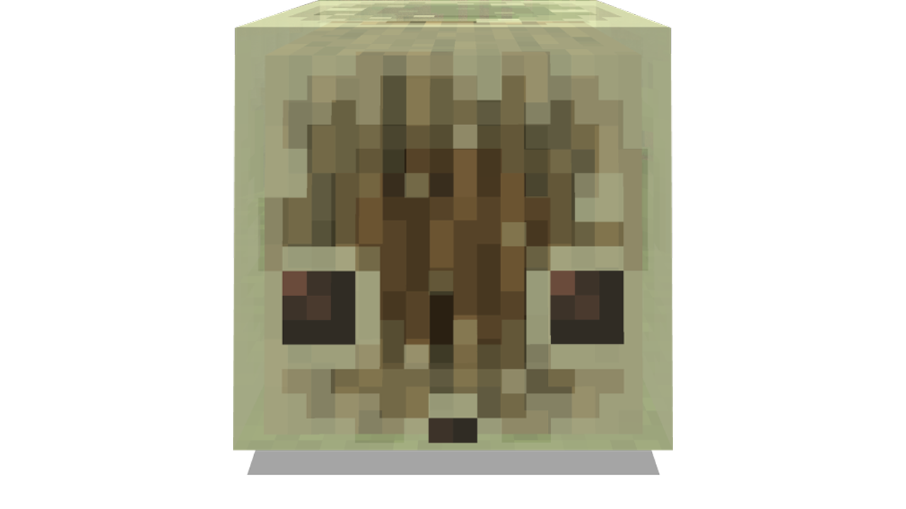 Glowing cube creature with a wood-grain face.