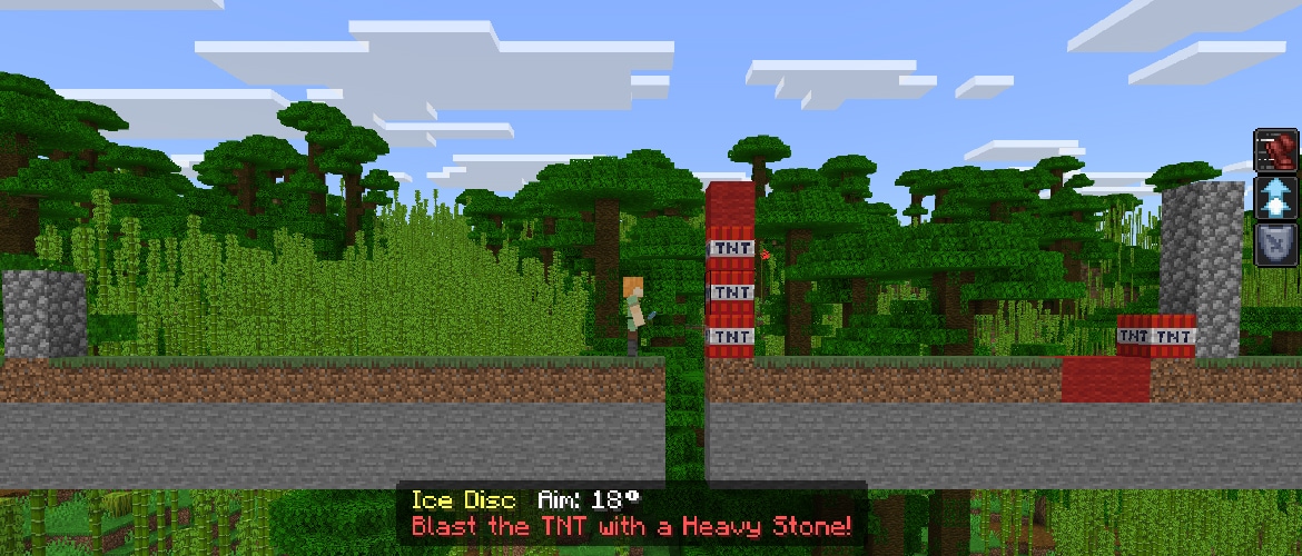 Player aims an ice disc toward TNT targets across a jungle gap in a Minecraft minigame challenge.