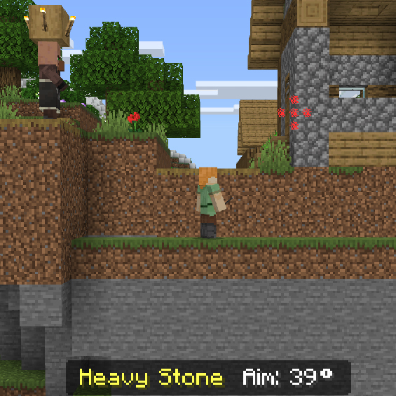 layer aims a heavy stone projectile toward a target beside a village house in Minecraft.