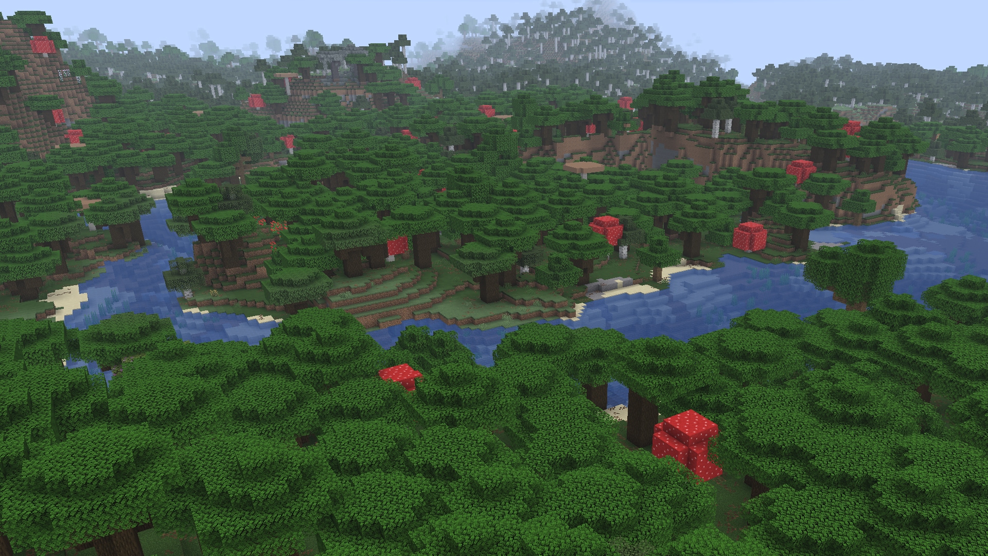 A dark forest biome seen from the air, with a river running through a forest and a mountainous horizon in the background.