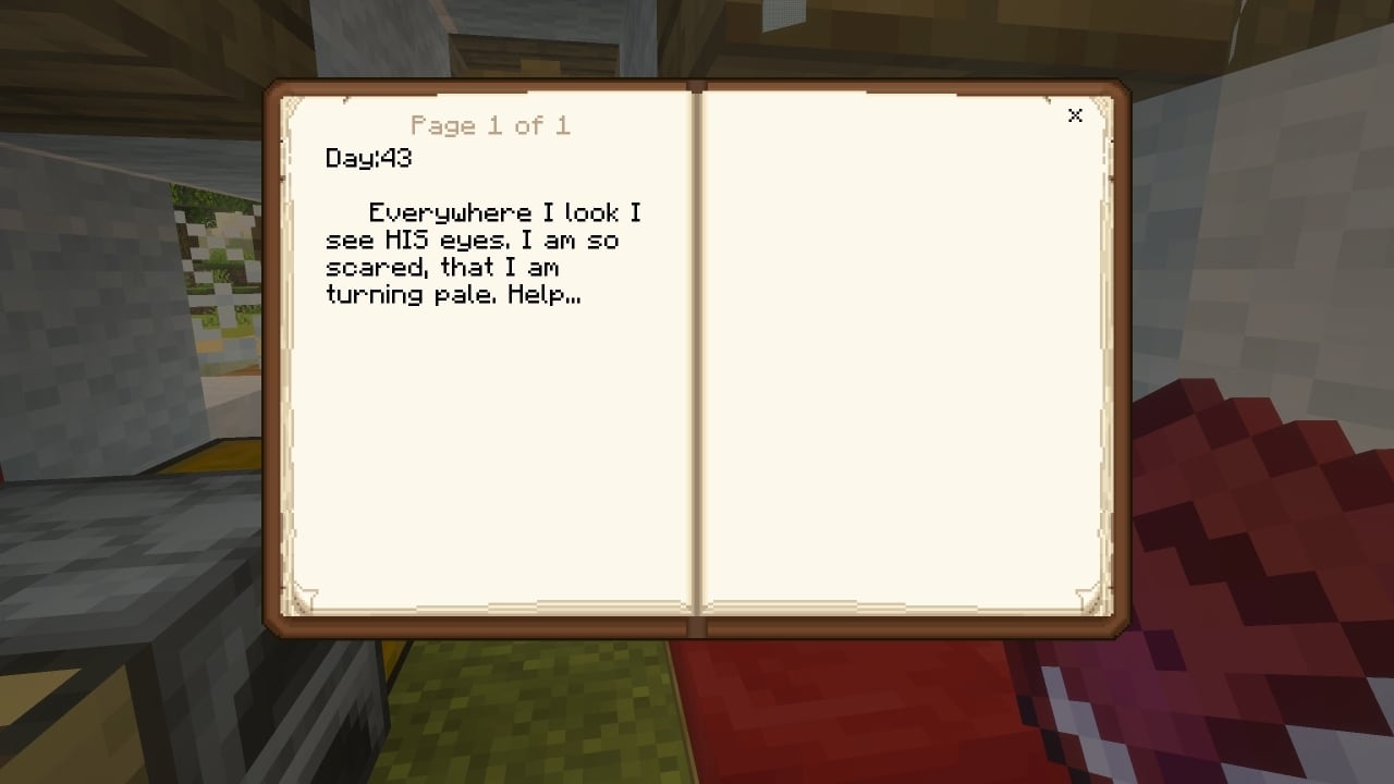 An open in game diary shows a handwritten entry reading Day 43 describing fear of watching eyes inside a small bedroom